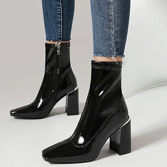 vivianly Shoes - Womens Square Toe Ankle Booties Chunky Heel Boots Side Zipper Patent Leather